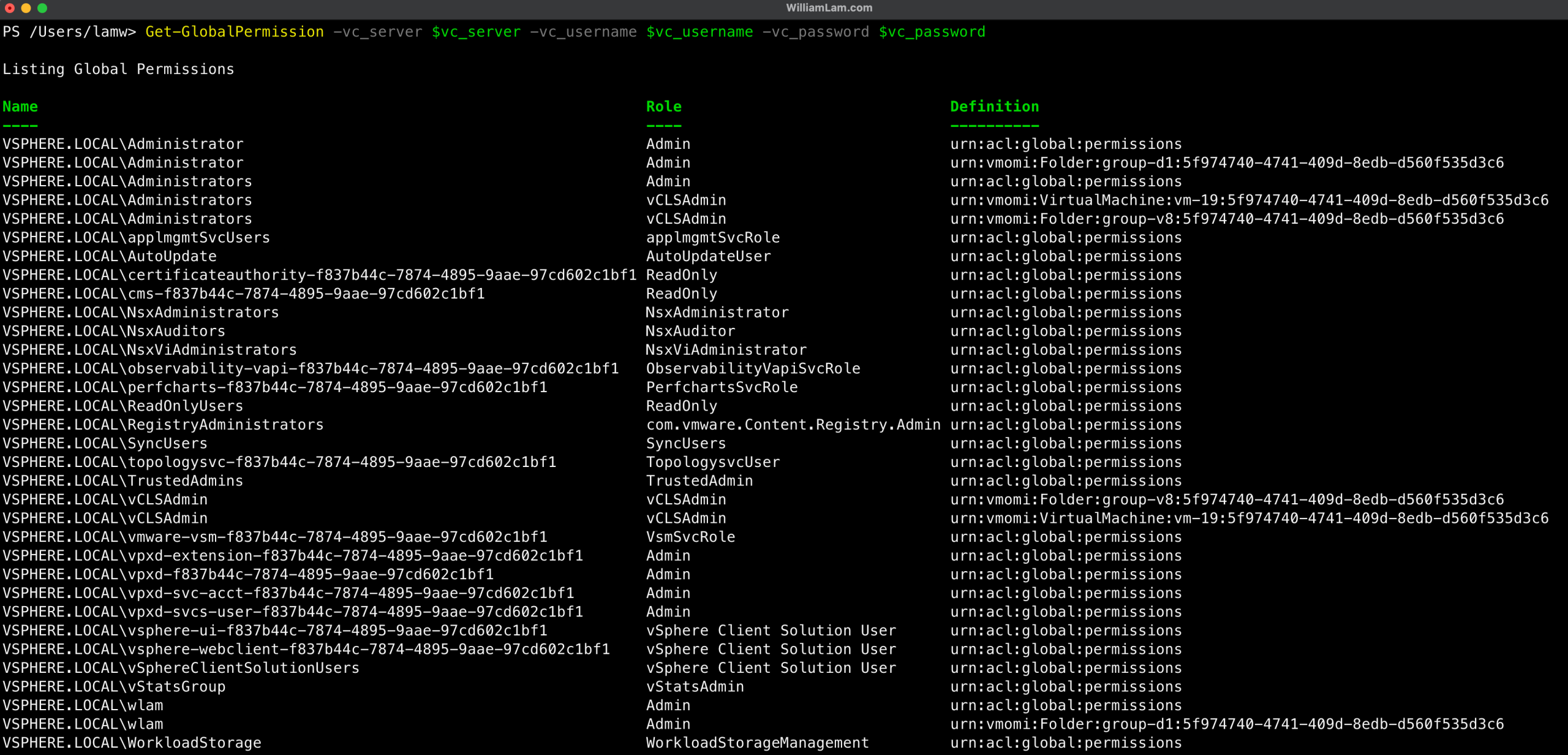 Получение списка разрешений VMware vSphere Global Permissions с использованием PowerShell